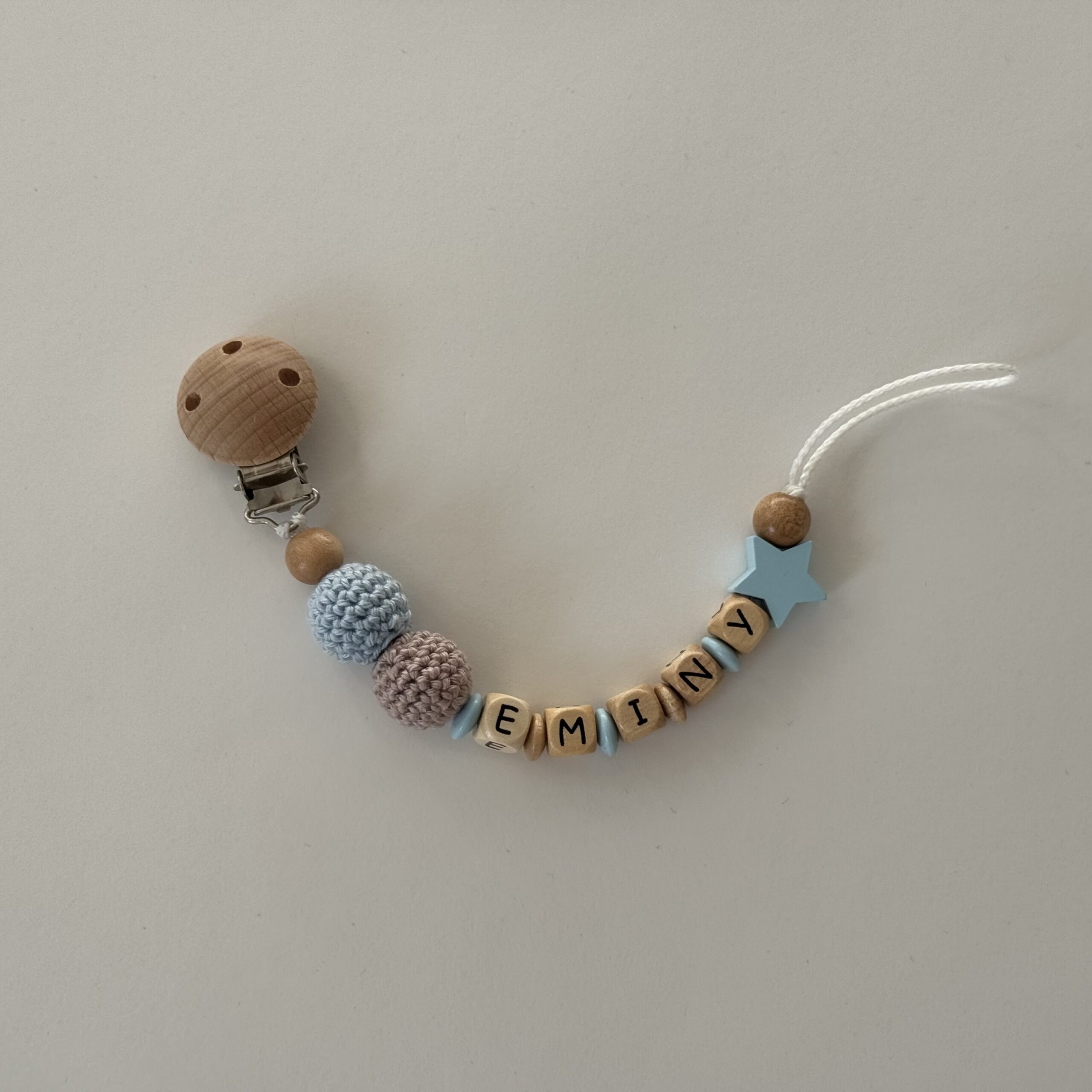 Schnullerkette Stern mit Namen Blau&Nude